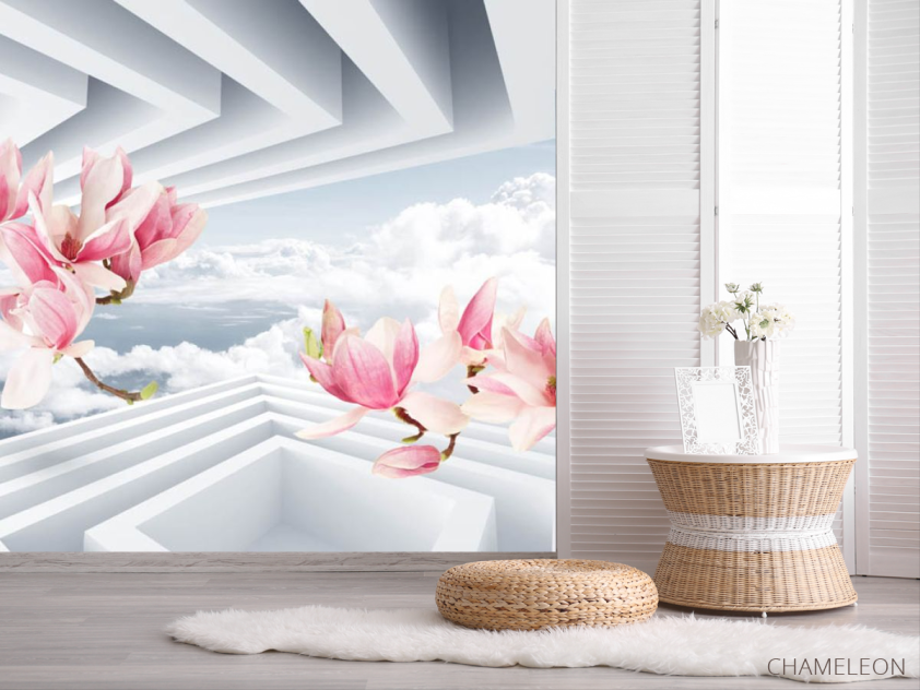 Фотошпалери 3Д рожеві гілки магнолії - 2