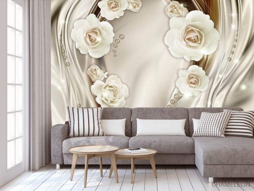 Фотообои Белые 3д цветы с камнями - 3