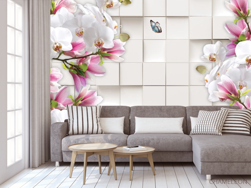 Фотообои Магнолии на фоне 3д квадратов - 3