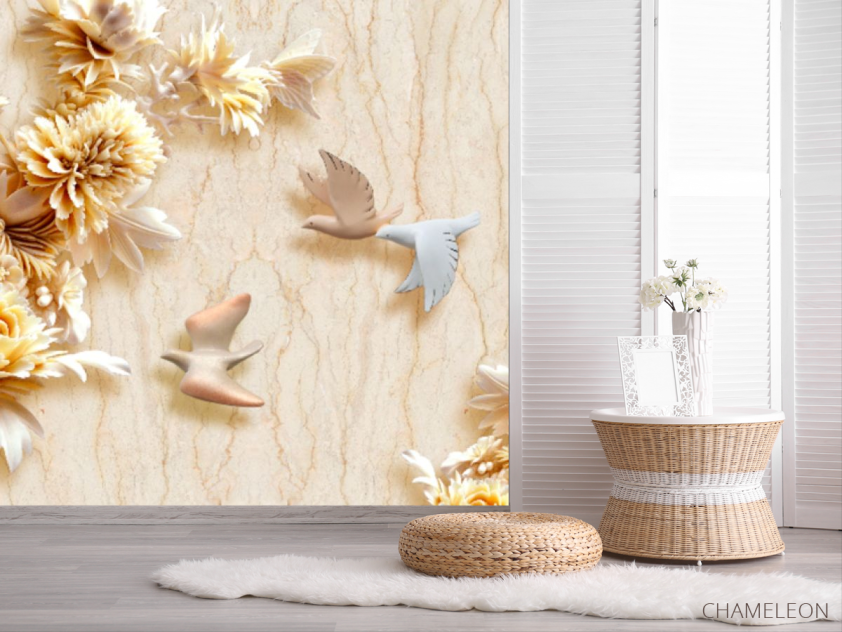 Фотошпалери Стеоскопические квіти і голуби - 2