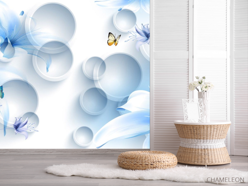 Фотошпалери Сині квіти з метеликами - 2