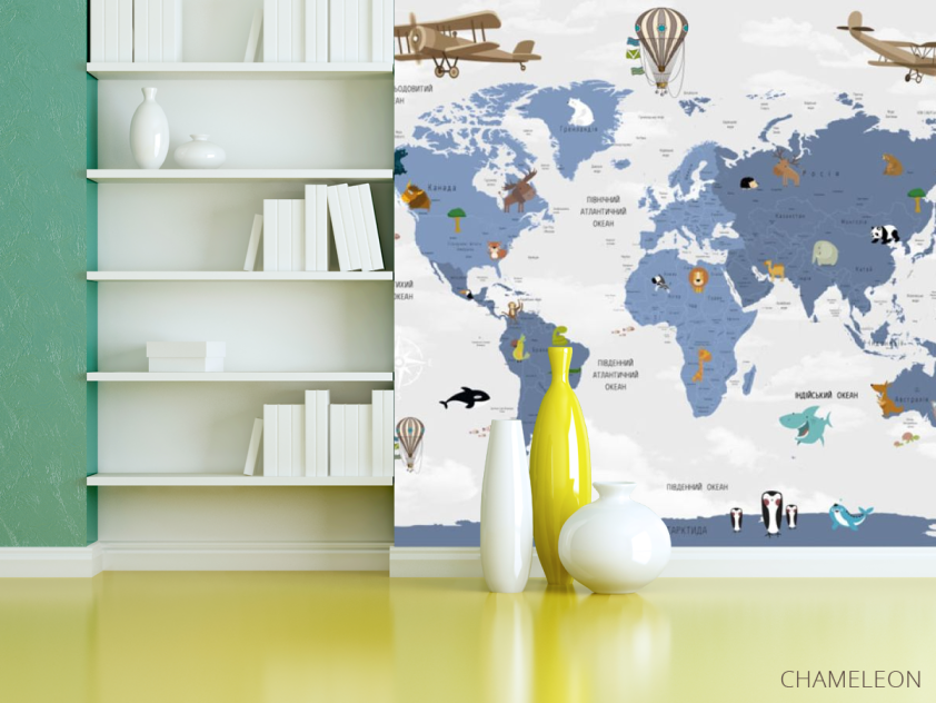 Фотошпалери Карта Дитяча на українському сині континенти - 3