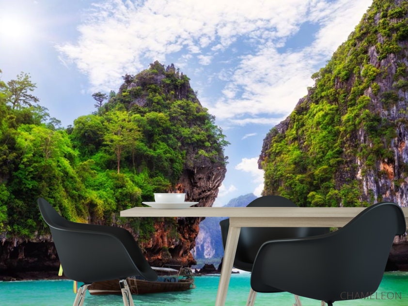 Фотошпалери човен біля скель - 1