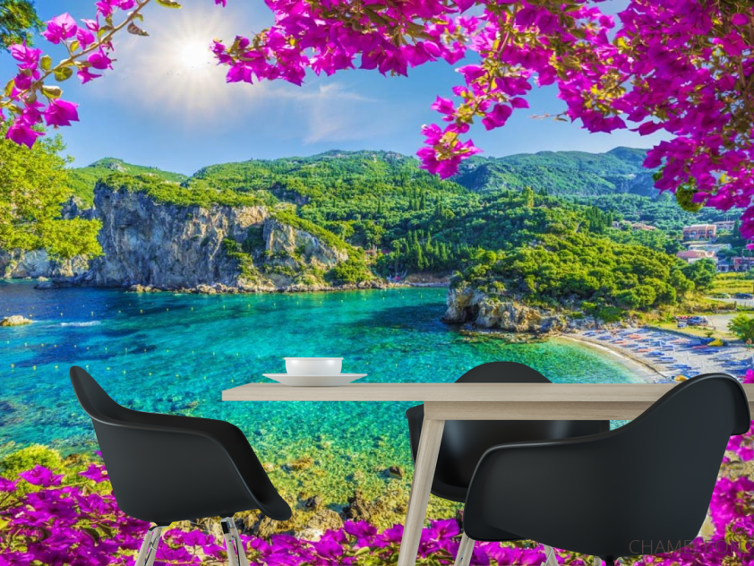 Фотошпалери вид на гавань через рожеві гілки - 1