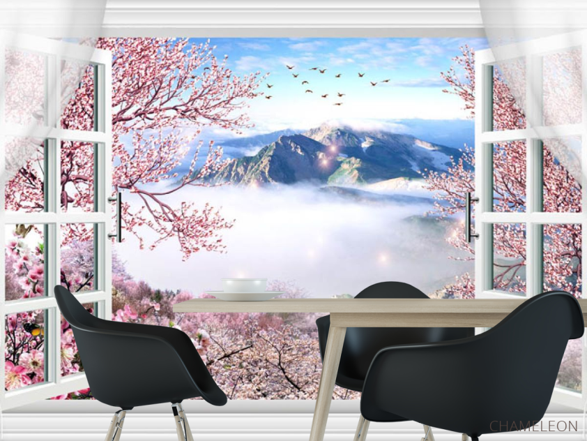 Фотошпалери вікно з видом на сакуру і гори - 1