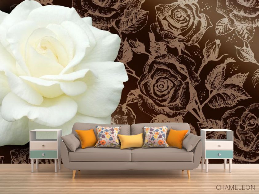 Фотообои Огромная белая роза и паттерн - 1