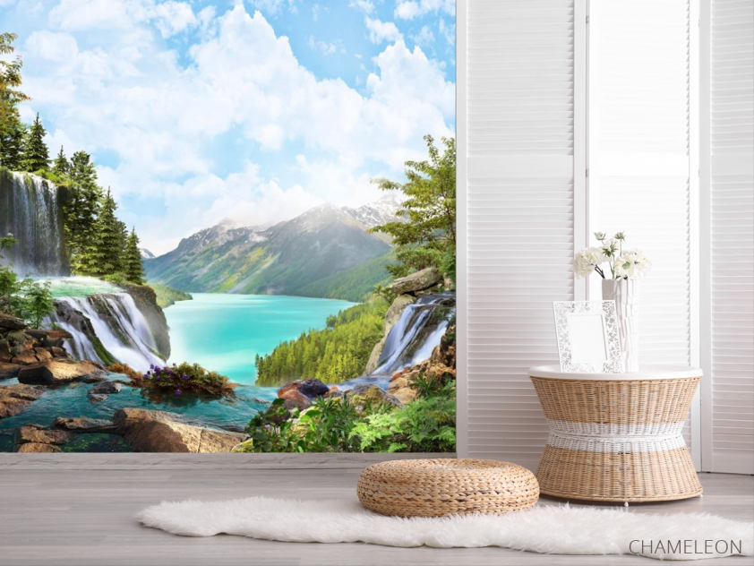 Фотошпалери водоспад над озером в горах - 2