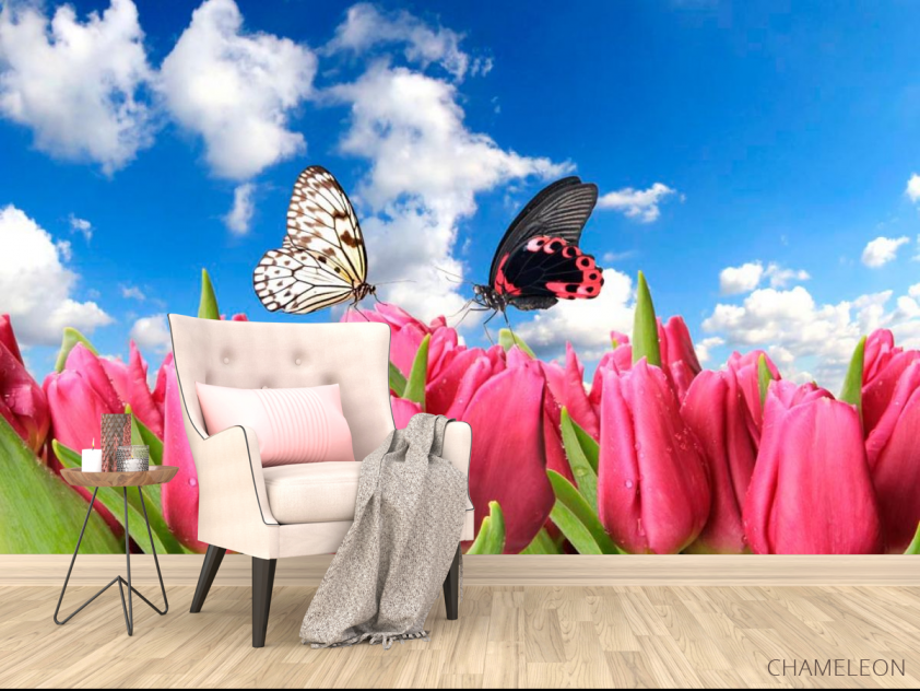 Фотообои Бабочки и розовые тюльпаны - 4