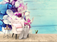 Фотообои цветы на голубом деревянном фоне - 4