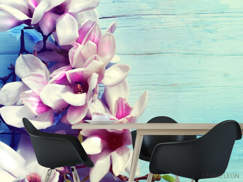 Фотошпалери квіти на блакитному дерев'яному тлі - 1