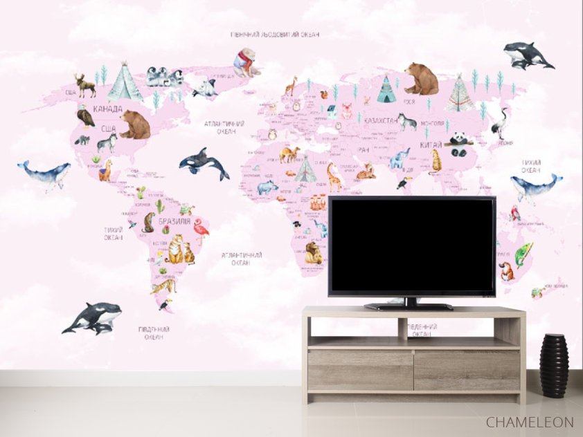 Фотообои Карта детская с облачками на украинском языке в розовом цвете. - 2