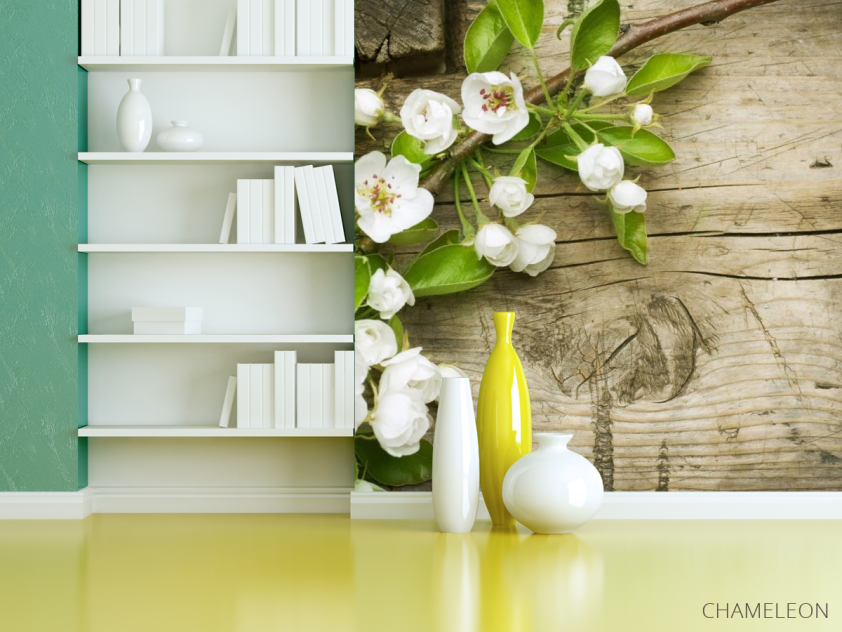 Фотошпалери білі цветоки на тлі дерев'яно - 3