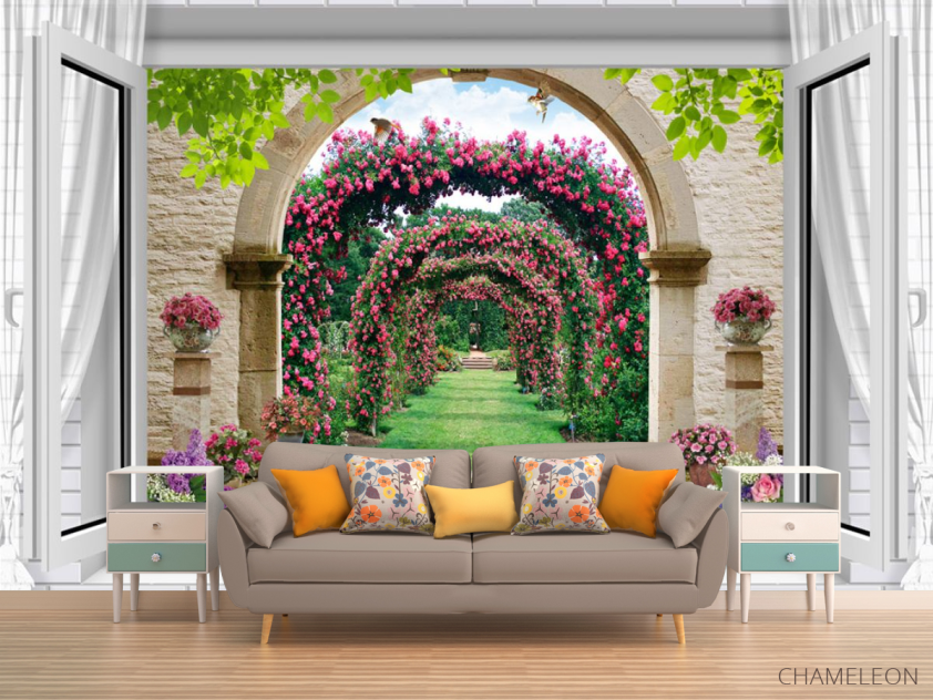 Фотообои  Вид из окна на сад с розами - 1