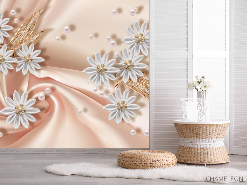 Фотошпалери білі квіти брошки на тканини - 2