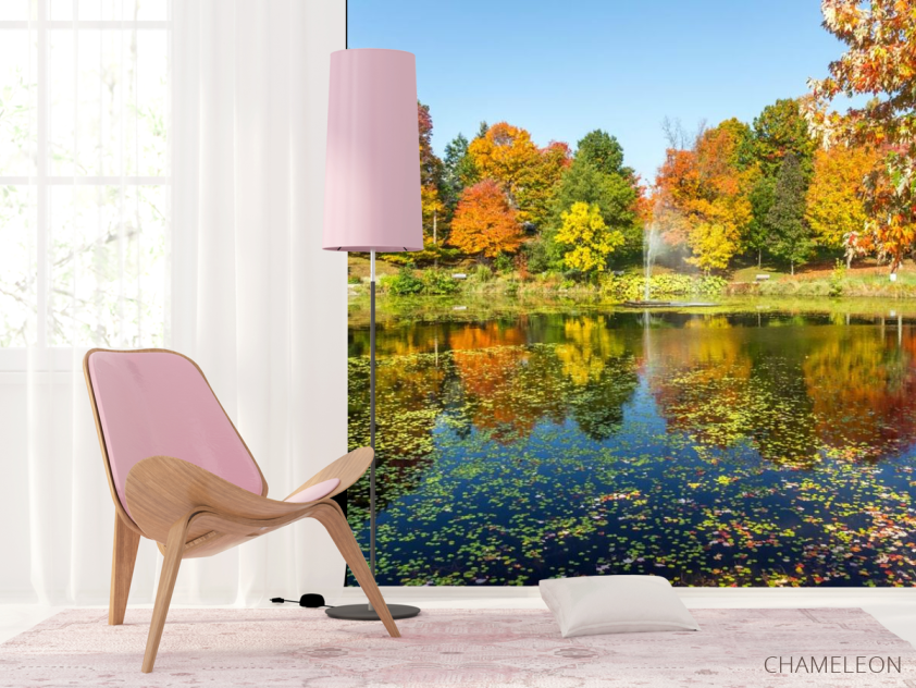 Фотошпалери осінь дерева і фонтан над озером - 4