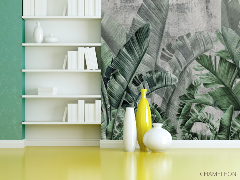 Фотошпалери зелені тропічні листя на тлі бетону. - 3