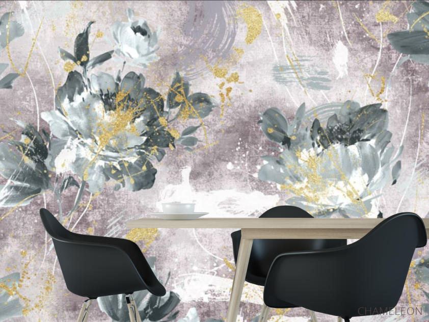 Фотошпалери дизайнерські квіти з золотом рожеві. - 1