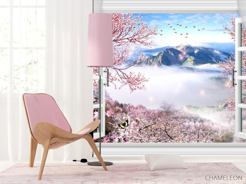 Фотошпалери вікно з видом на сакуру і гори - 4