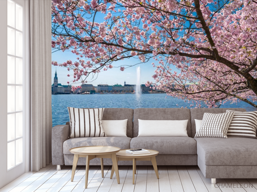 Фотообои сакура над рекой с фонтаном - 3