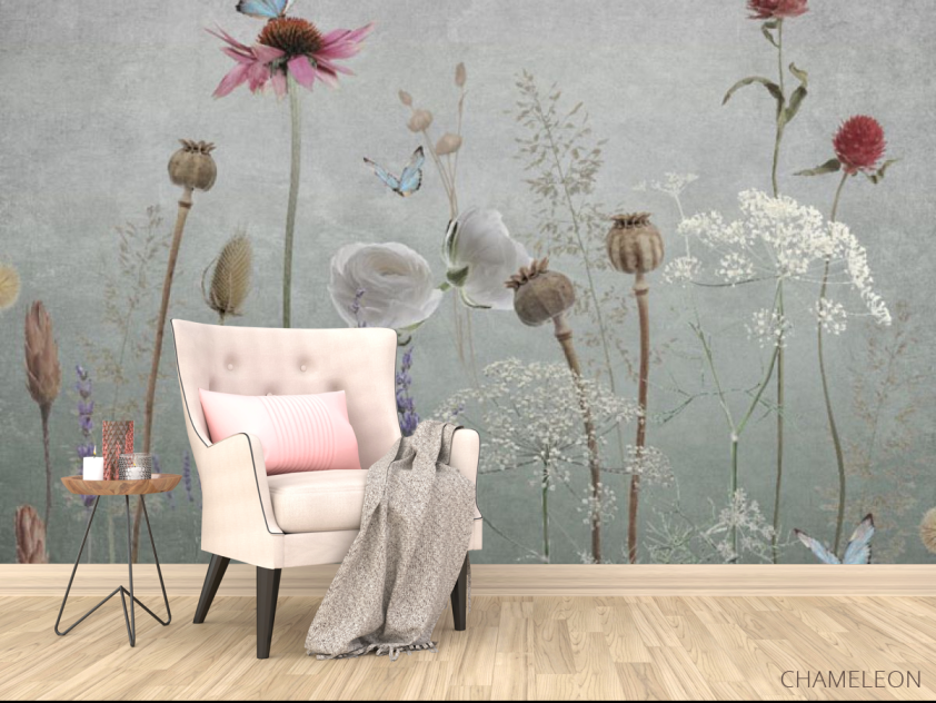 Фотообои Полевые дизайнерские цветы серые - 4