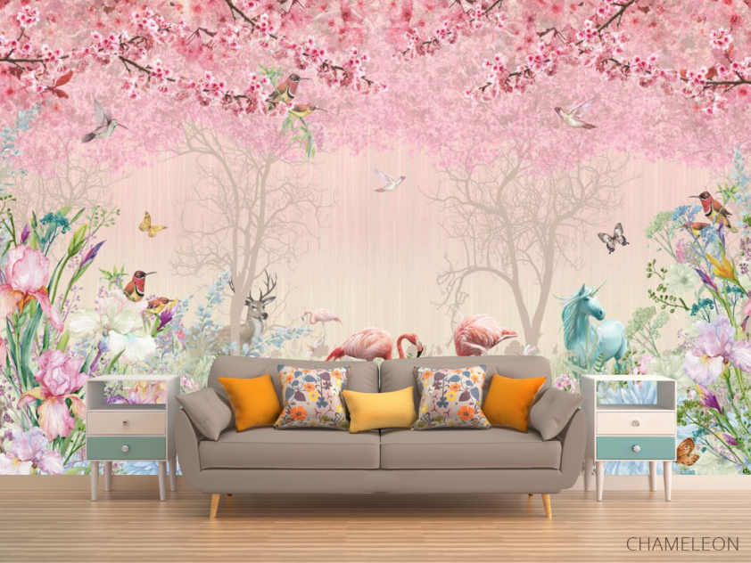 Фотообои Розовые фламинго в райском саду - 1
