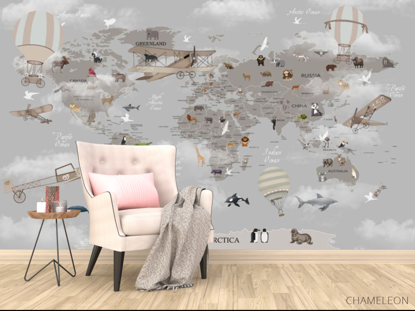 Фотообои Серая карта с самолетами и шарами на английском - 4