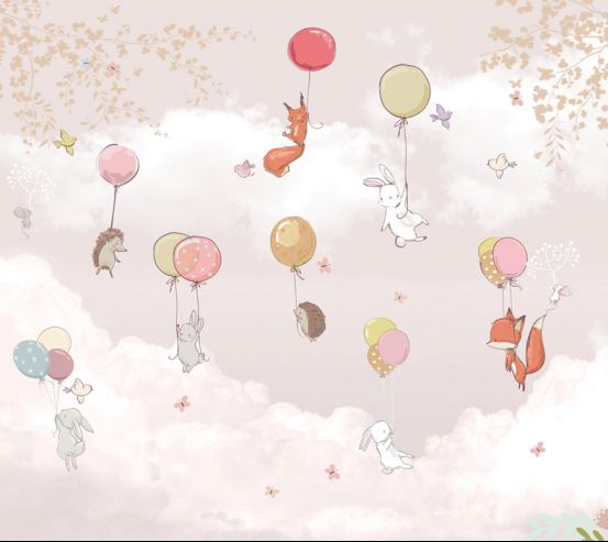 Фотообои Звери на воздушных шариках в розовом небе 22138