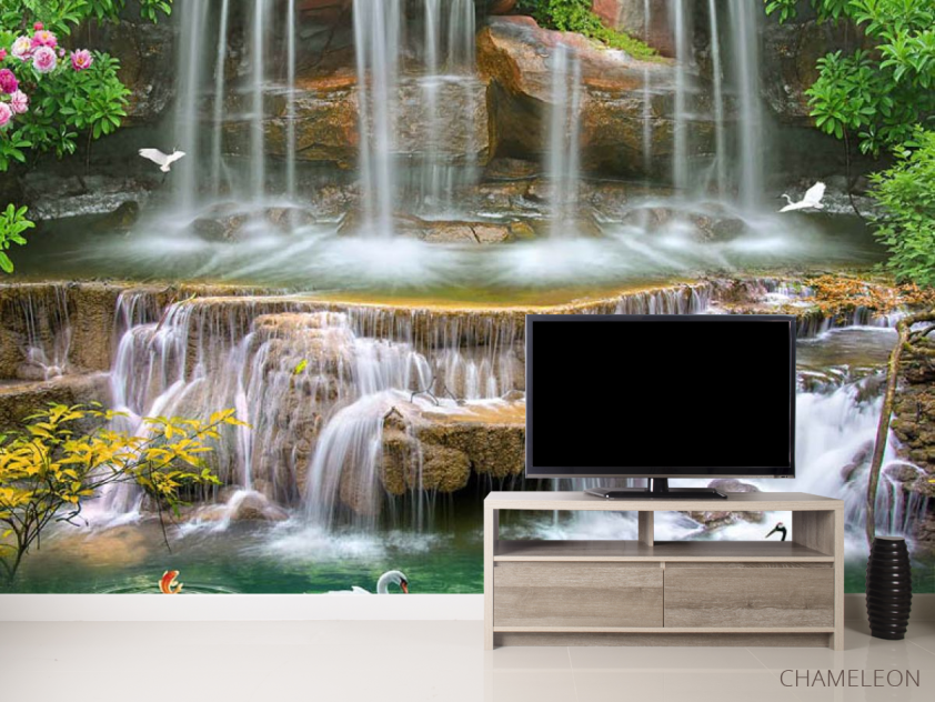 Фотообои 3д водопад и лебеди - 2