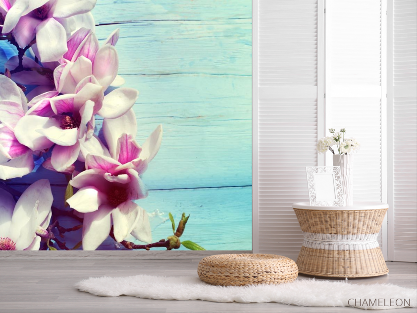 Фотошпалери квіти на блакитному дерев'яному тлі - 2