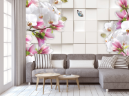 Фотообои Магнолии на фоне 3д квадратов - 3