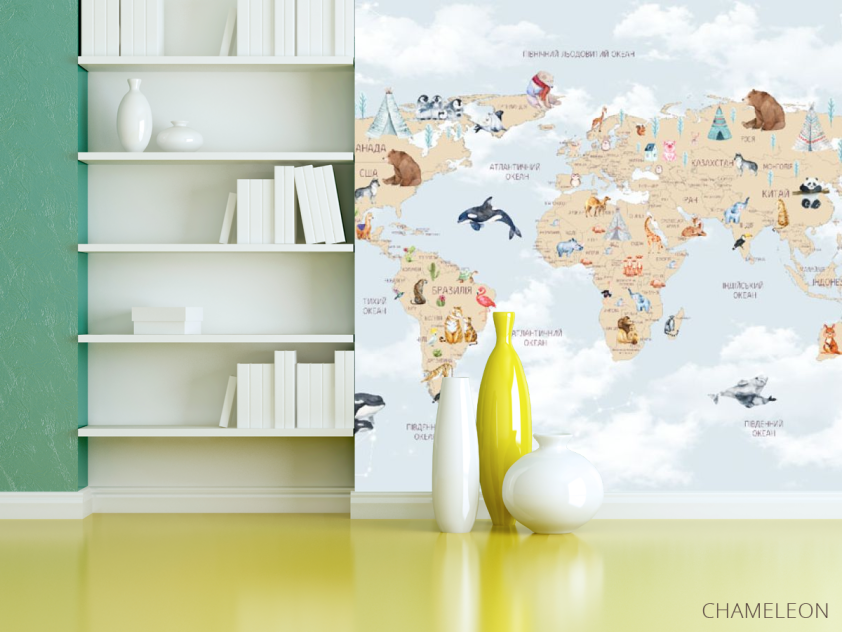 Фотошпалери карта дитяча з хмарками українською мовою в синьому кольорі. - 3