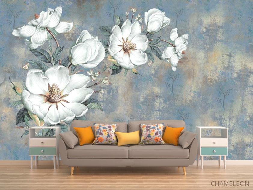 Фотообои Белые цветы на голубом фоне - 1