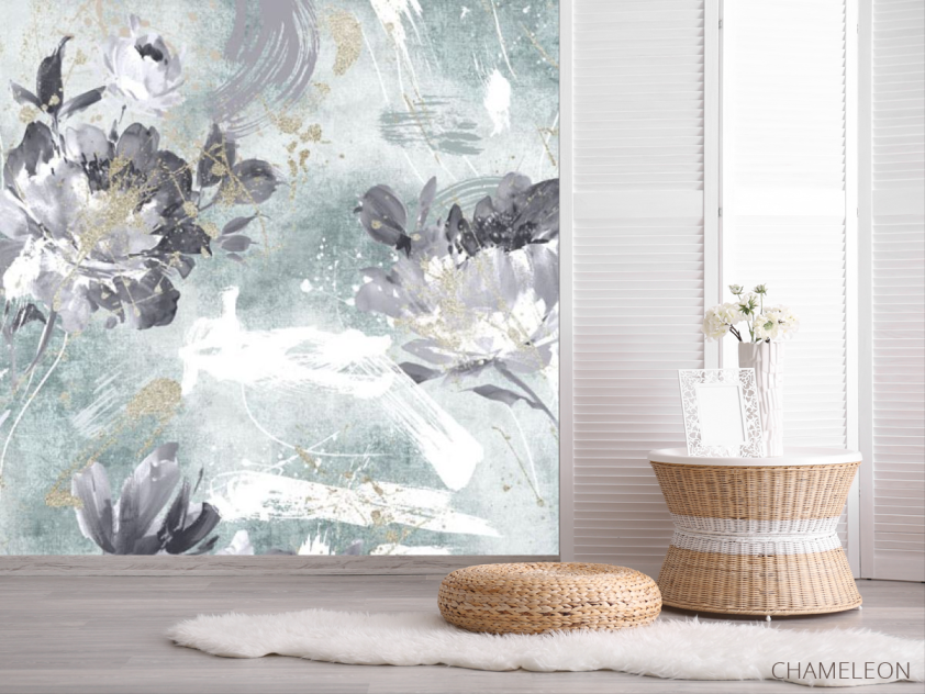 Фотошпалери дизайнерські квіти з бірюзовим золотом. - 2