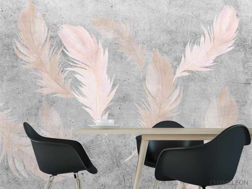 Фотошпалери рожеві пір'я на тлі бетону. - 1