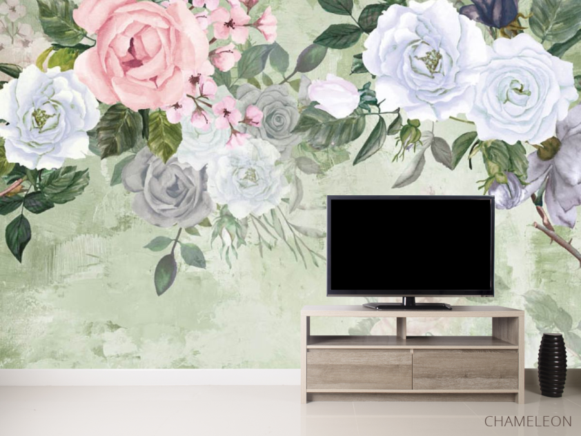 Фотообои Акварельные цветы на зелёном фоне - 2