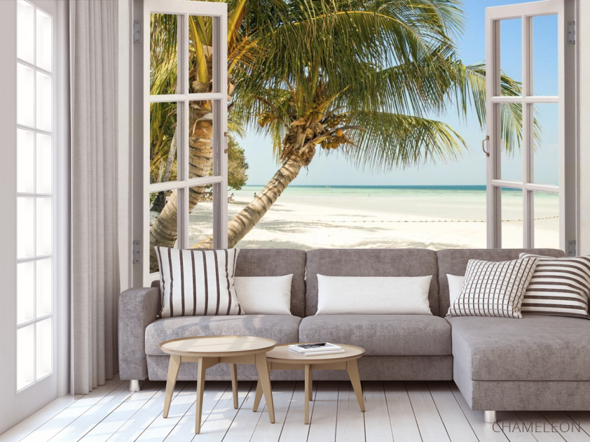 Фотообои Пальма и море в окне - 3