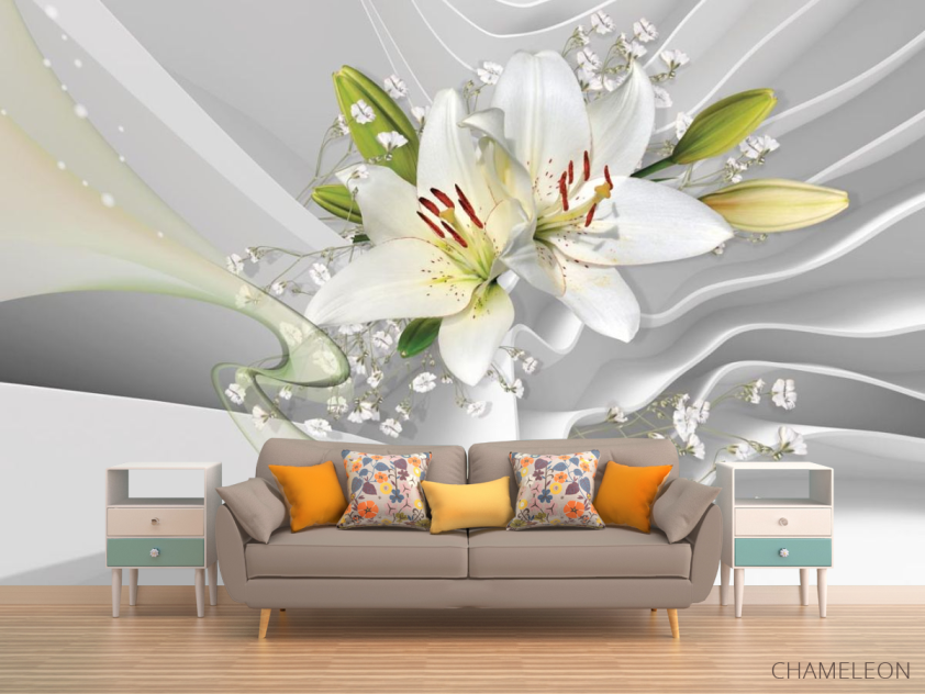Фотообои белые лилии на фоне белых волн - 1