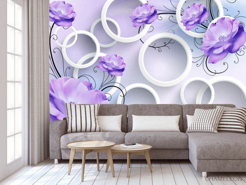 Фотообои Фиолетовые цветы и 3д круги - 3