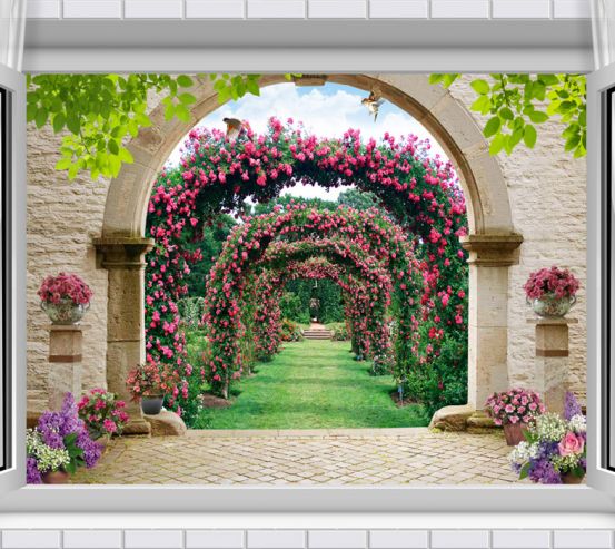 Фотошпалери Вид з вікна на сад з трояндами 22177