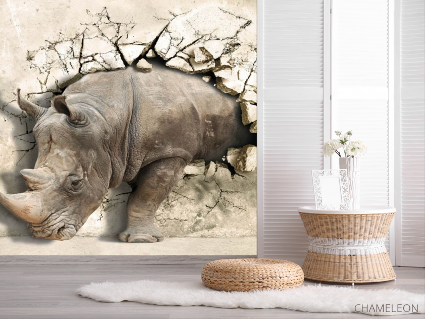 Фотошпалери носоріг виходить зі стіни - 2