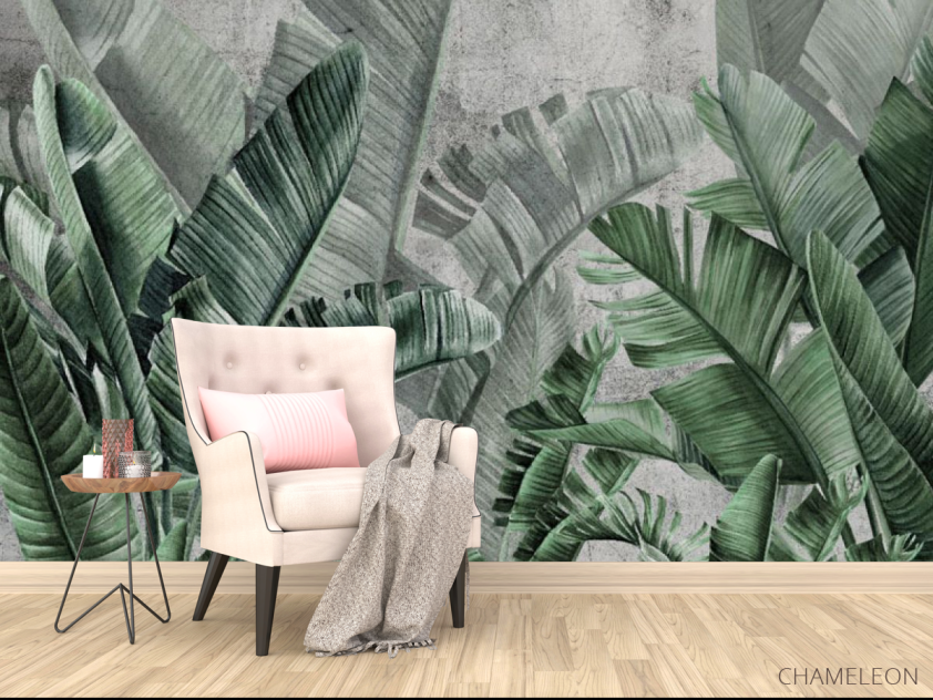 Фотообои Зеленые тропические листья на фоне бетона. - 4