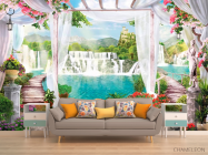 Фотообои Водопад, замок, цветы - 1