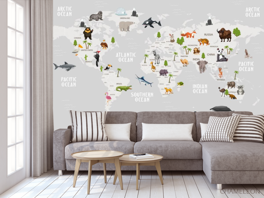 Фотообои Серая карта с животными на английском - 3