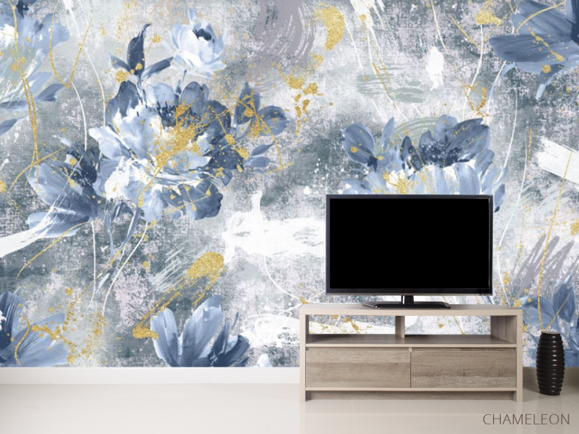 Фотообои Дизайнерские цветы с золотом синие. - 2