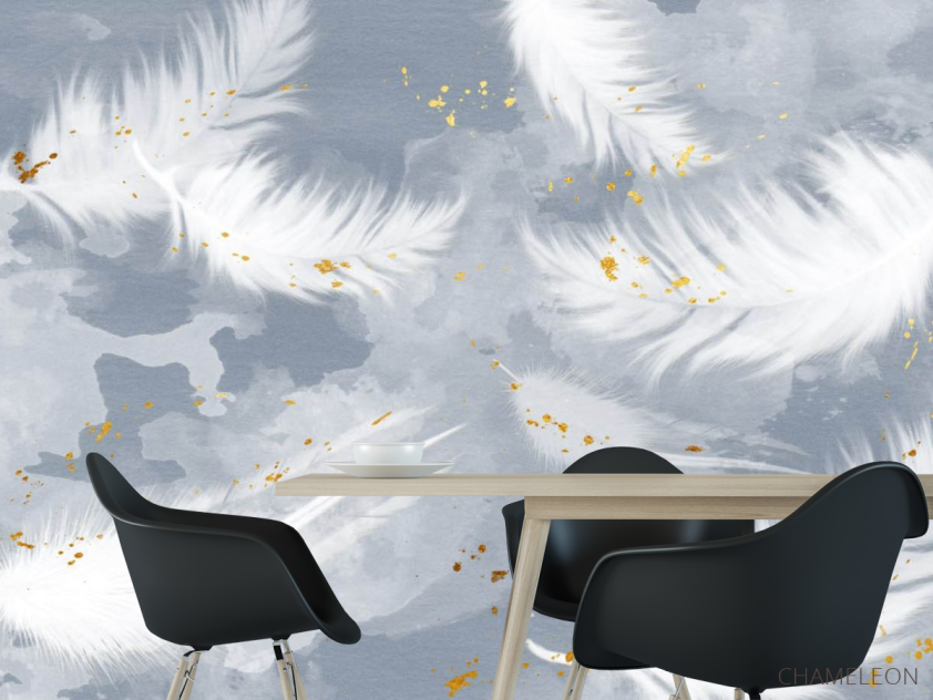Фотошпалери Пір'я на блакитному з золотом - 1