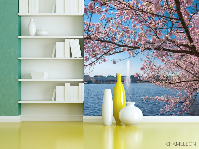 Фотошпалери сакура над річкою з фонтаном - 3