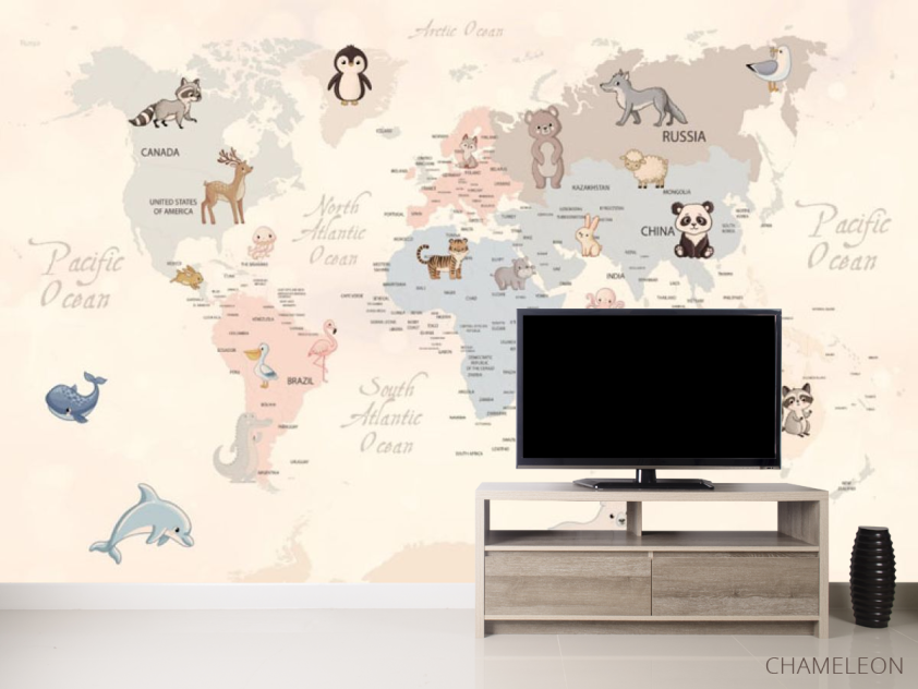 Фотообои Бежевая карта на английском с животными - 2