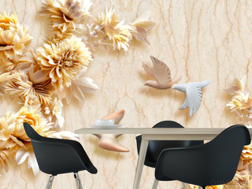 Фотошпалери Стеоскопические квіти і голуби - 1