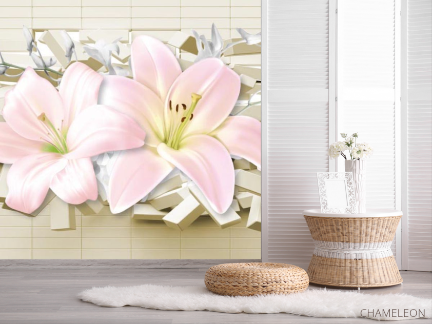 Фотошпалери Лілії 3д і цегла - 2