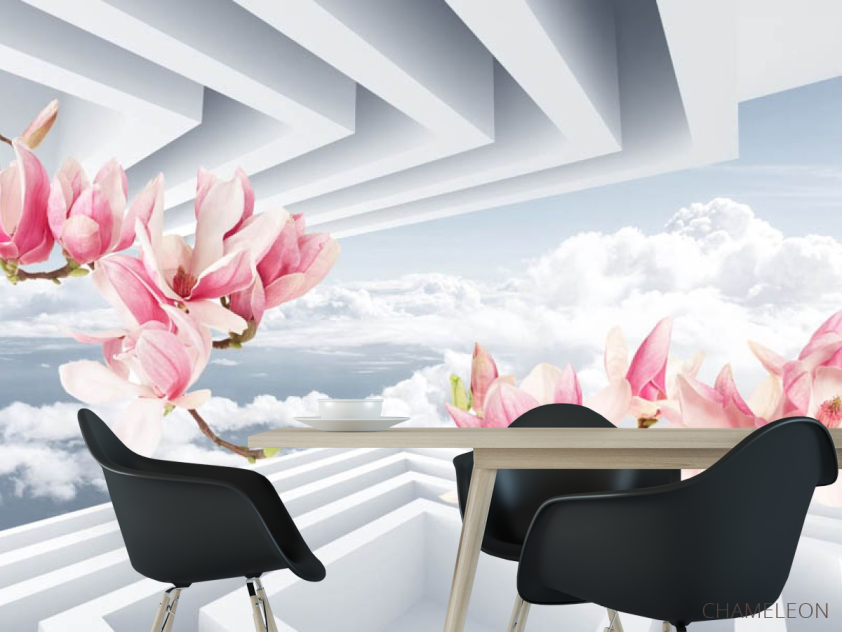 Фотошпалери 3Д рожеві гілки магнолії - 1